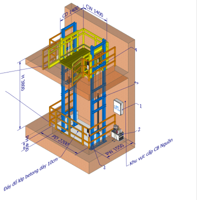 Bản vẽ kỹ thuật thang máy tải hàng 4 trụ - Minh Nhật